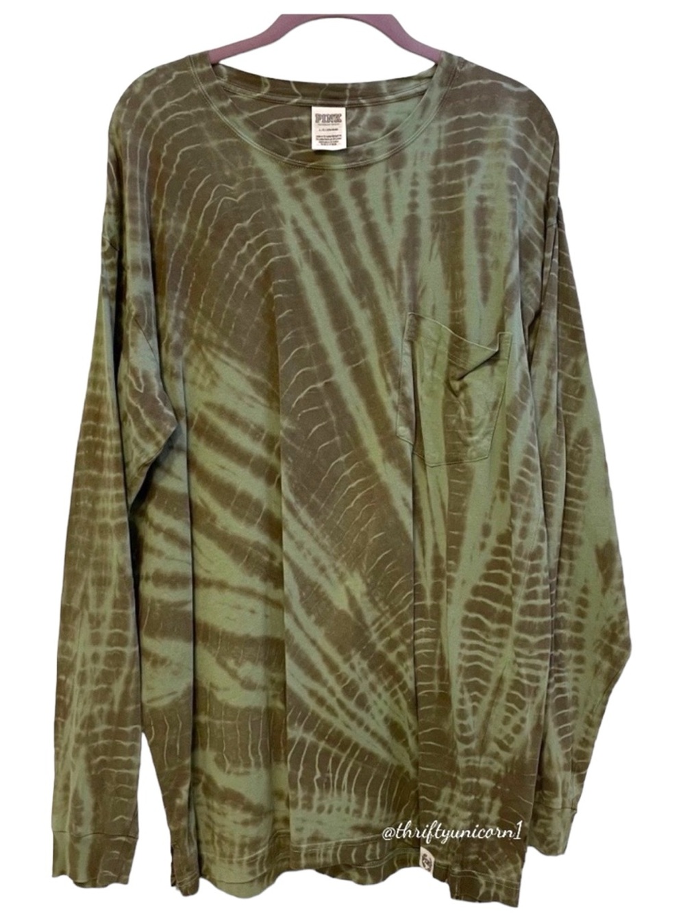 🫶 PINK Victoria's Secret Tie Dye Campus Long Sleeve Green Tunic T-Shirt ~ Large